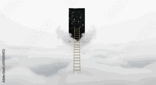 A surreal illustration of a ladder leading to a dark door amidst cloudy ethereal landscapes