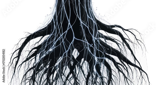 A stark image displaying a sprawling tree trunk with intertwined roots and veins glowing