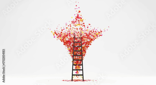 A symbolic ladder leading to colorful particles of hope and aspiration on a white canvas conveying