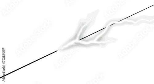 Abstract depiction of a jagged lightning bolt striking across a stark white sky background