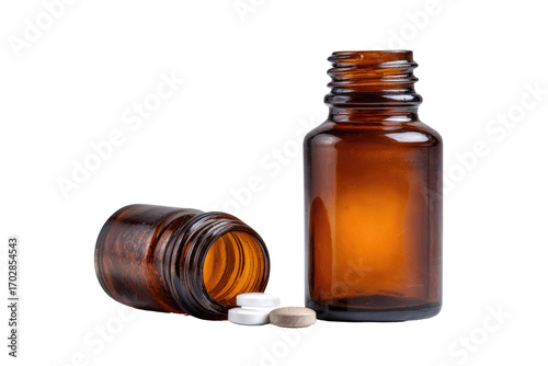 Amber glass bottle with pills