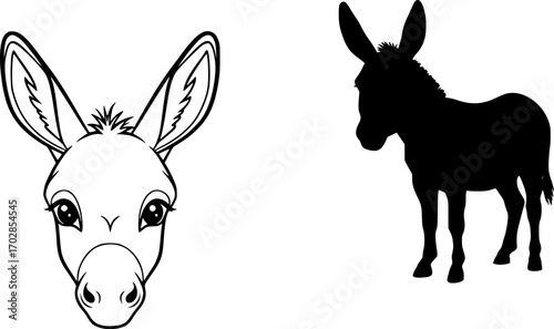 Illustration showing a donkey face and a donkey silhouette in black and white color scheme design editable vector
