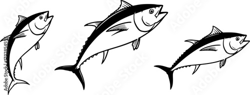Majestic tuna fish leaps upwards in monochrome graphic illustration design
