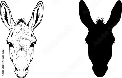 Illustration showing a donkey face and a donkey silhouette in black and white color scheme design editable vector
