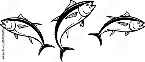 Majestic tuna fish leaps upwards in monochrome graphic illustration design
