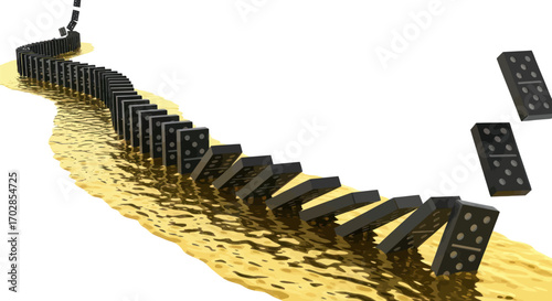 Cascading consequences a domino effect chain reaction with golden stream surface reflection