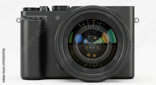 Close up shot of a sleek modern digital camera with a focus on the reflective lens