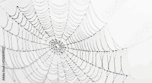 Delicate dewdrop covered spiderweb shimmering against a serene white background