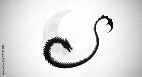 Elegant serpentine creature in shadow encircling a lunar form with minimalist monochrome composition