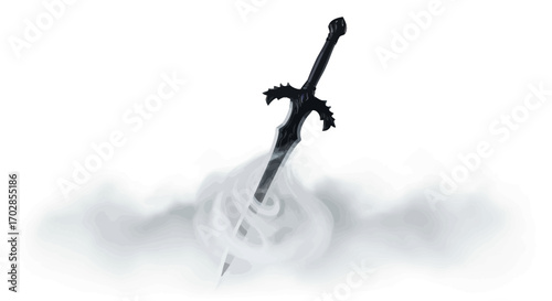 Enigmatic black sword emerging from ethereal fog a symbol of fantasy and power
