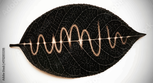 Ethereal leaf etched with light depicting connectivity and flow of natural energy