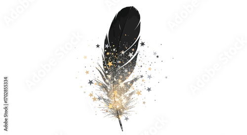 Ethereal quill illustration with shimmering stars creates dreamy celestial atmosphere