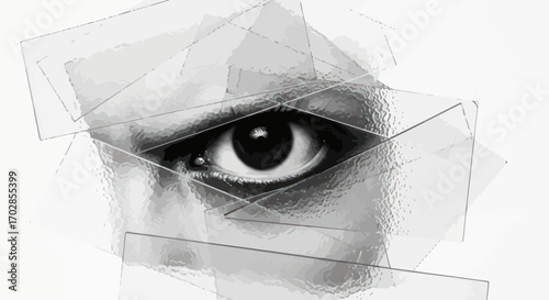 Eye peeking through fragmented glass panes creating a sense of distorted reality