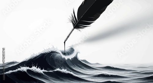 Ink quill meets ocean waves in a symbolic representation of creative force and freedom