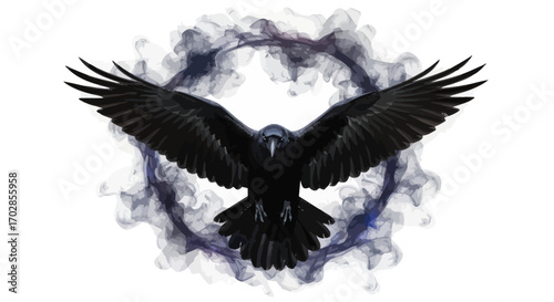 Majestic raven soars with wings spread amidst swirling ethereal smoke design artwork