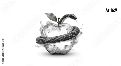 Monochromatic illustration of snake entwined around an apple evoking temptation
