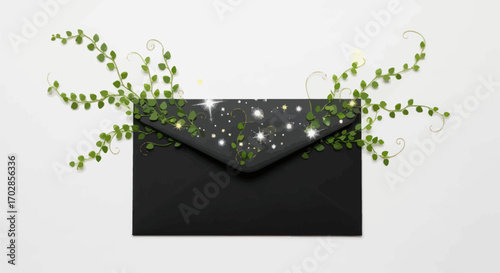 Mystical invitation concept with black envelope, sparkling stars, and decorative foliage