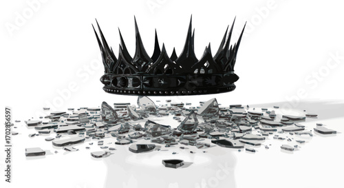 Shattered Reign: Depiction of a dark crown amidst shattered fragments of glass on white background