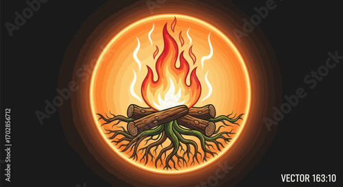 Stylized campfire illustration with bright flames and intertwining roots design