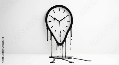 Surreal representation of the concept of time decay and fluidity with a clock dripping black paint
