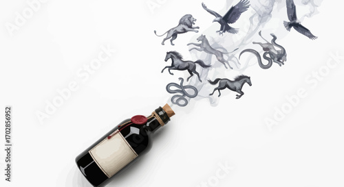 Wine bottle unleashing a surge of wildlife silhouettes in a mystical and ethereal scene