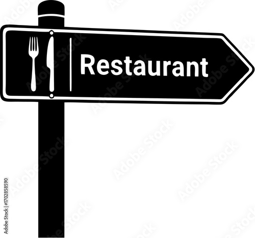 Restaurant sign directing towards eating establishment with silverware and arrow pointing right