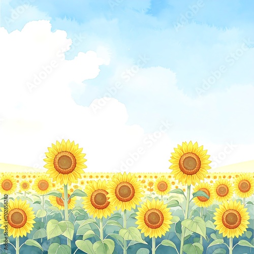 Watercolor sunflower field under a light sky