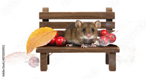 Adorable Tiny Mouse Resting on a Miniature Wooden Bench with Autumn Leaves and Berries Against a Warm Brown Background: A Charming Autumnal Scene