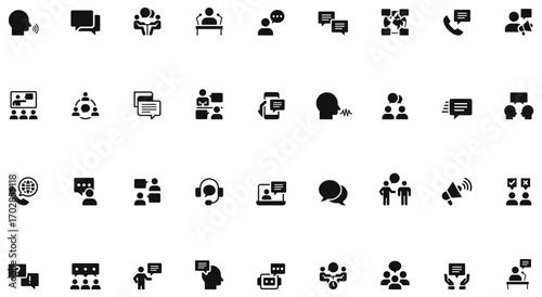 Solid speaking vector icon set for communication, chat, voice, calls, meetings, presentations, webinars, announcements and support. Clean glyphs for UI, apps, web, social media, dashboards, marketing