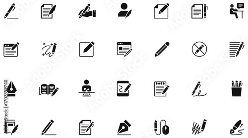 Solid writing vector icon set for editing, notes, documents, pen, pencil, signature, blog, content creation, copywriting, proofreading, journaling, drafting. Clean glyphs for apps, web, UI, and print.