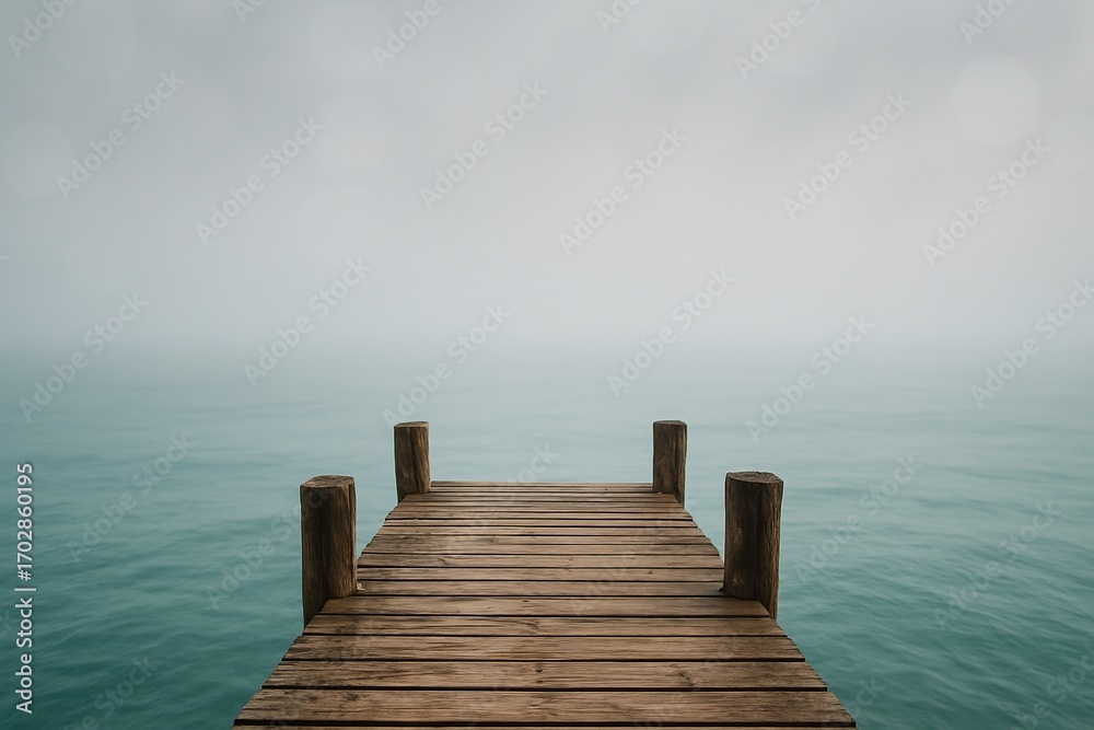 Fototapeta premium Empty Wooden Pier Extending Into Calm Turquoise Ocean Under Overcast Sky Serene Atmosphere