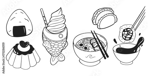 Black and White Vector Illustration of Japanese Food Sushi Ramen Onigiri Taiyaki Gyoza Dessert.