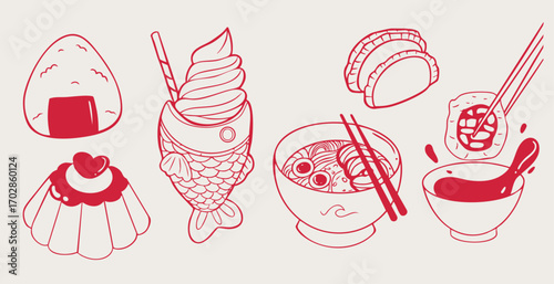 Vector Illustration of Japanese Food Dishes Sushi Ramen Onigiri Taiyaki Gyoza Dessert.