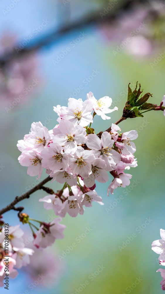 Obraz premium Close-up of delicate pink cherry blossoms on branch, soft focus