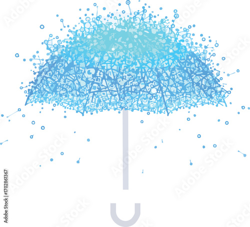 Abstract Blue Umbrella Formed by Digital Particles and Lines on White Background vector illustration.