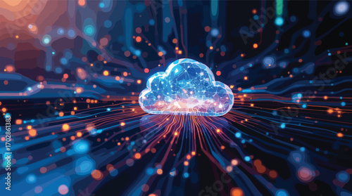 Abstract digital cloud with glowing network lines and data particles cloud computing connection.
