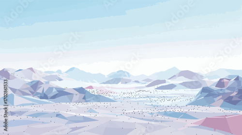 Expansive Polygonal Snow- Covered Mountain Range Under a Pale Sky.