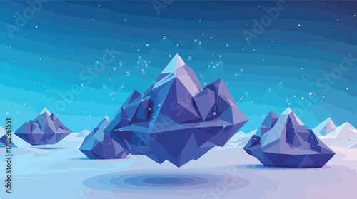 Floating Blue Geometric Icebergs in a Snowy Landscape Under a Teal Sky vector illustration.