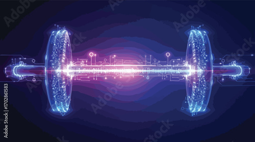 Futuristic Glowing Dumbbell with Circuit Board Design on Dark Blue Background fitness technology.