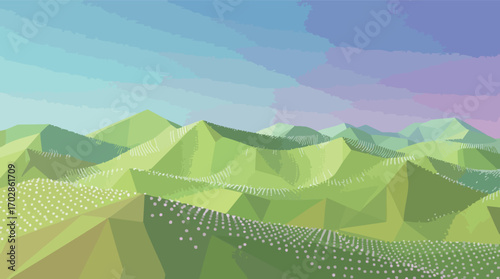 Low Poly Green Mountain Landscape with Pink Flower Dots and Blue Sky nature.