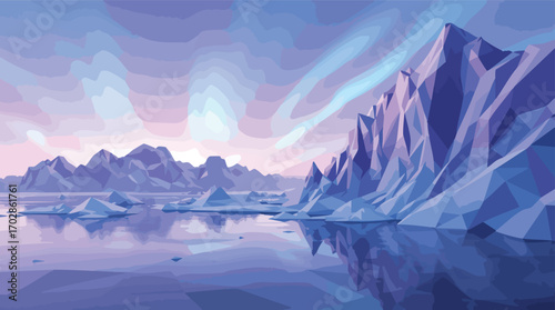 Polygonal Arctic Landscape at Dusk with Purple and Blue Hues.