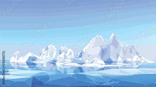 Polygonal Iceberg Landscape with Reflecting Water and Clear Blue Sky.
