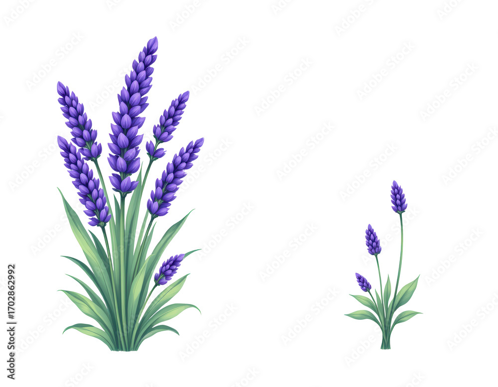 Fototapeta premium Vibrant Purple Lavender Flowers with Green Leaves Isolated on White