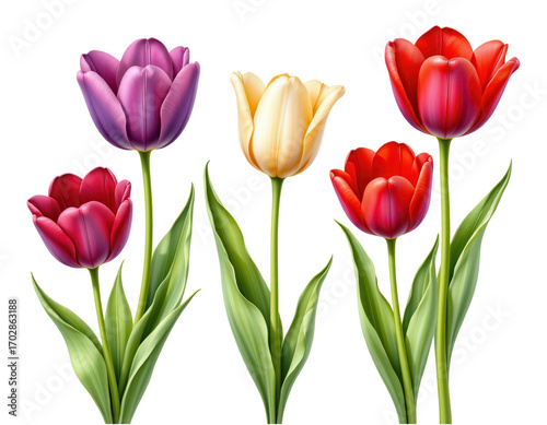 Colorful Tulips with Green Leaves on Transparent background