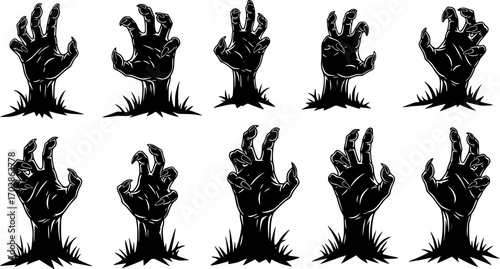 Zombie hands silhouette. Creepy zombie crooked lambs stick out of graveyard ground vector illustration set. Halloween zombie hands