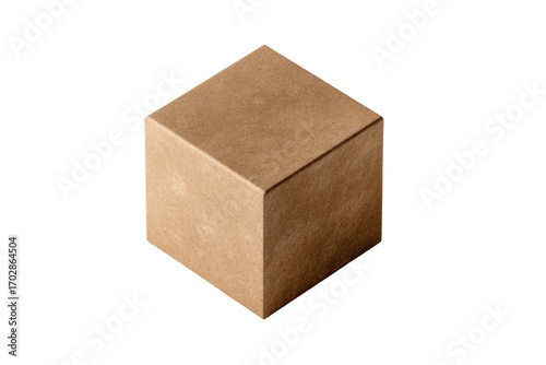 3D isometric view of a light brown cardboard box.  A simple, neutral, geometric object