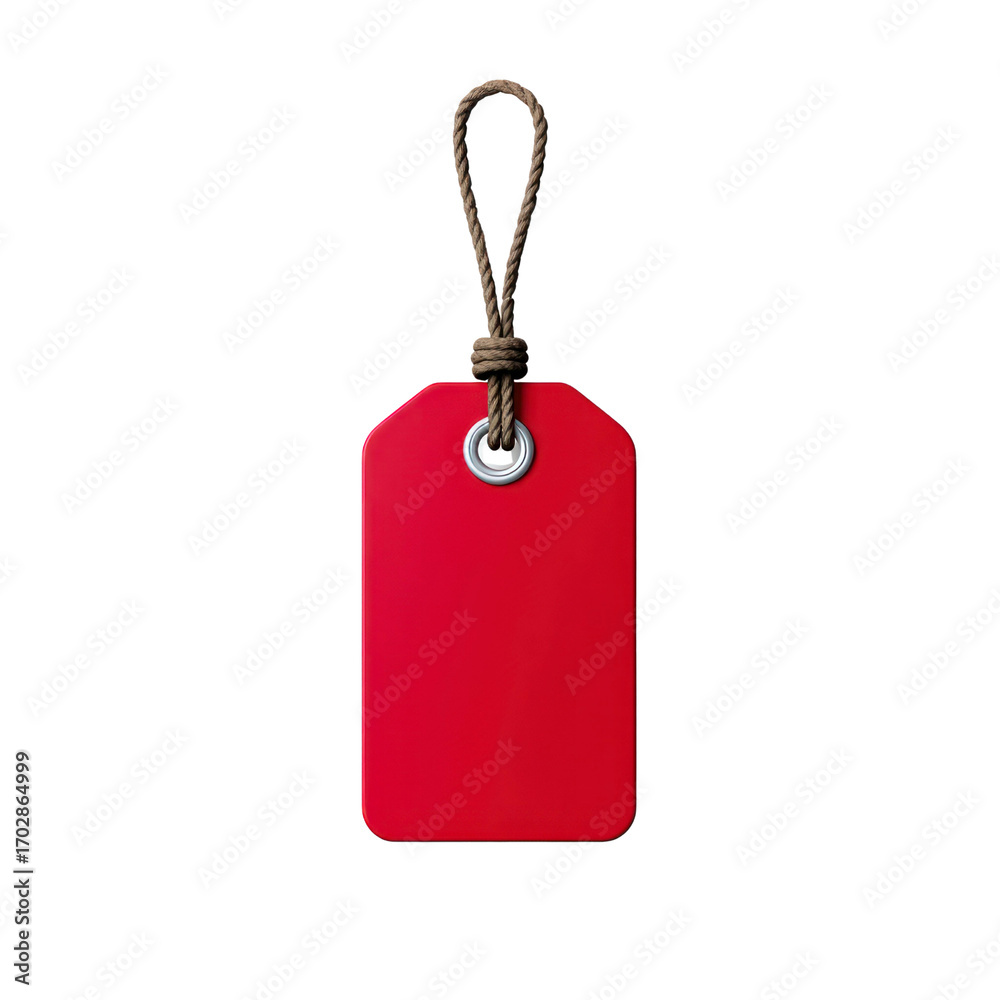 Fototapeta premium Red price tag with string hanging on white background 