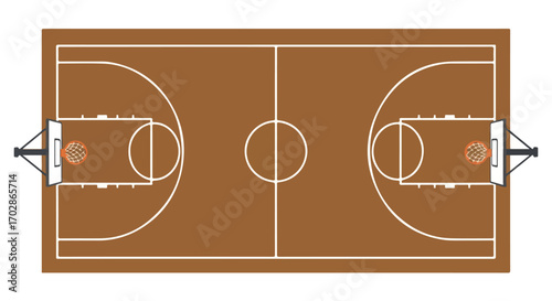 Overhead view of a basketball court design with detailed markings and hoop structures for sports training or game illustration concept