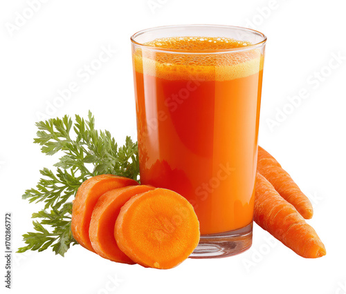 Fresh carrot juice in a glass, alongside sliced carrots and leaves