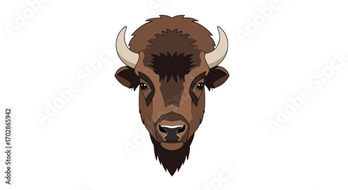 Stylized illustration of a majestic bison head with detailed features and simple coloring provides a distinct visual appeal and graphic impact